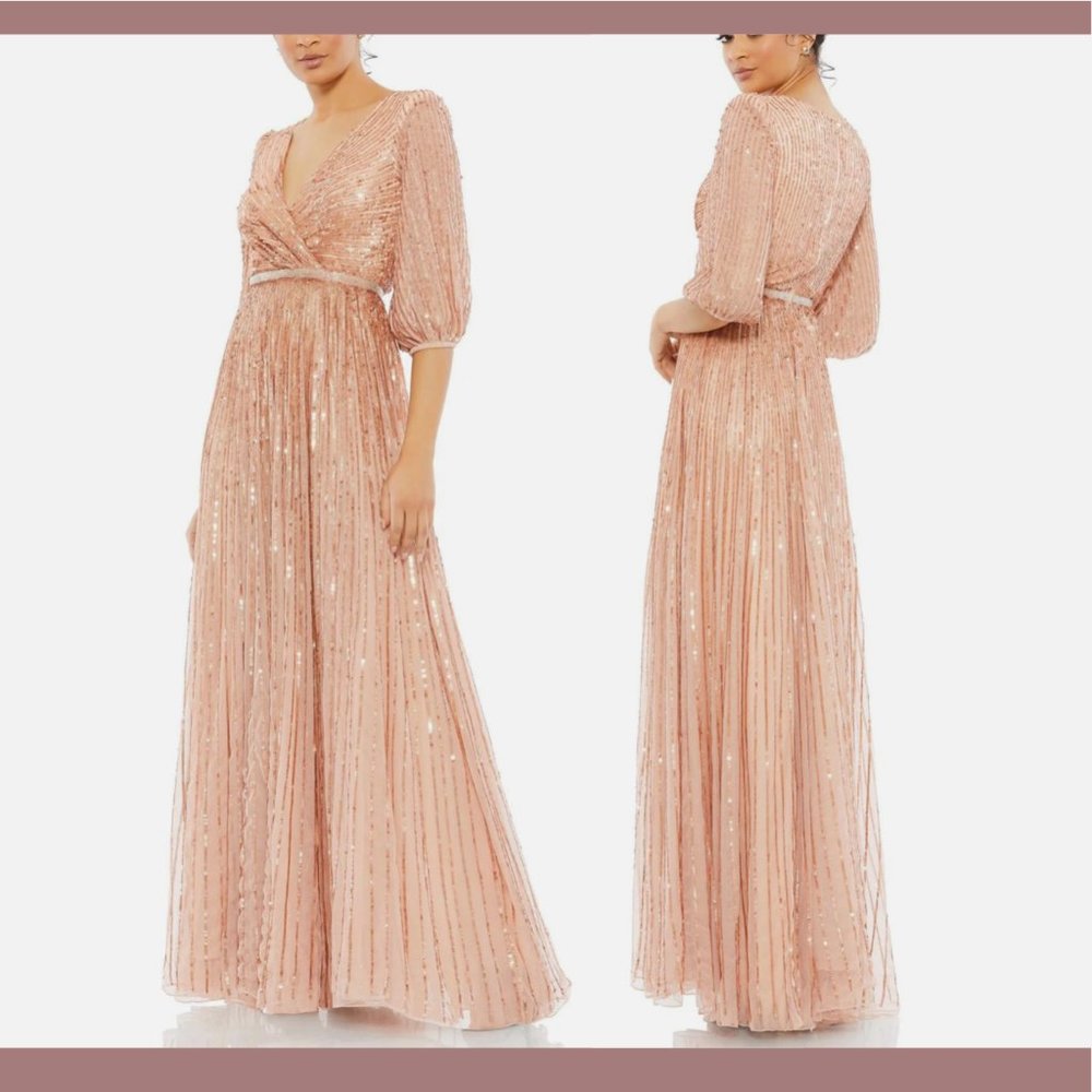 NWT $598 Mac Duggal [sz 26 ] Sequin Wrap‎ Over 3/4 Sleeve Gown in Apricot